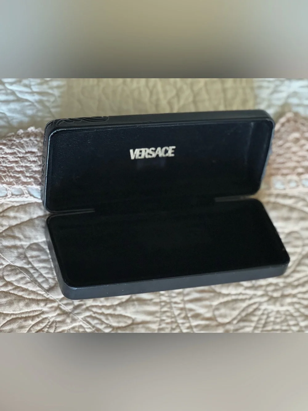 Black Versace Eyewear Sunglass Case with Embossed Medusa Face Motif